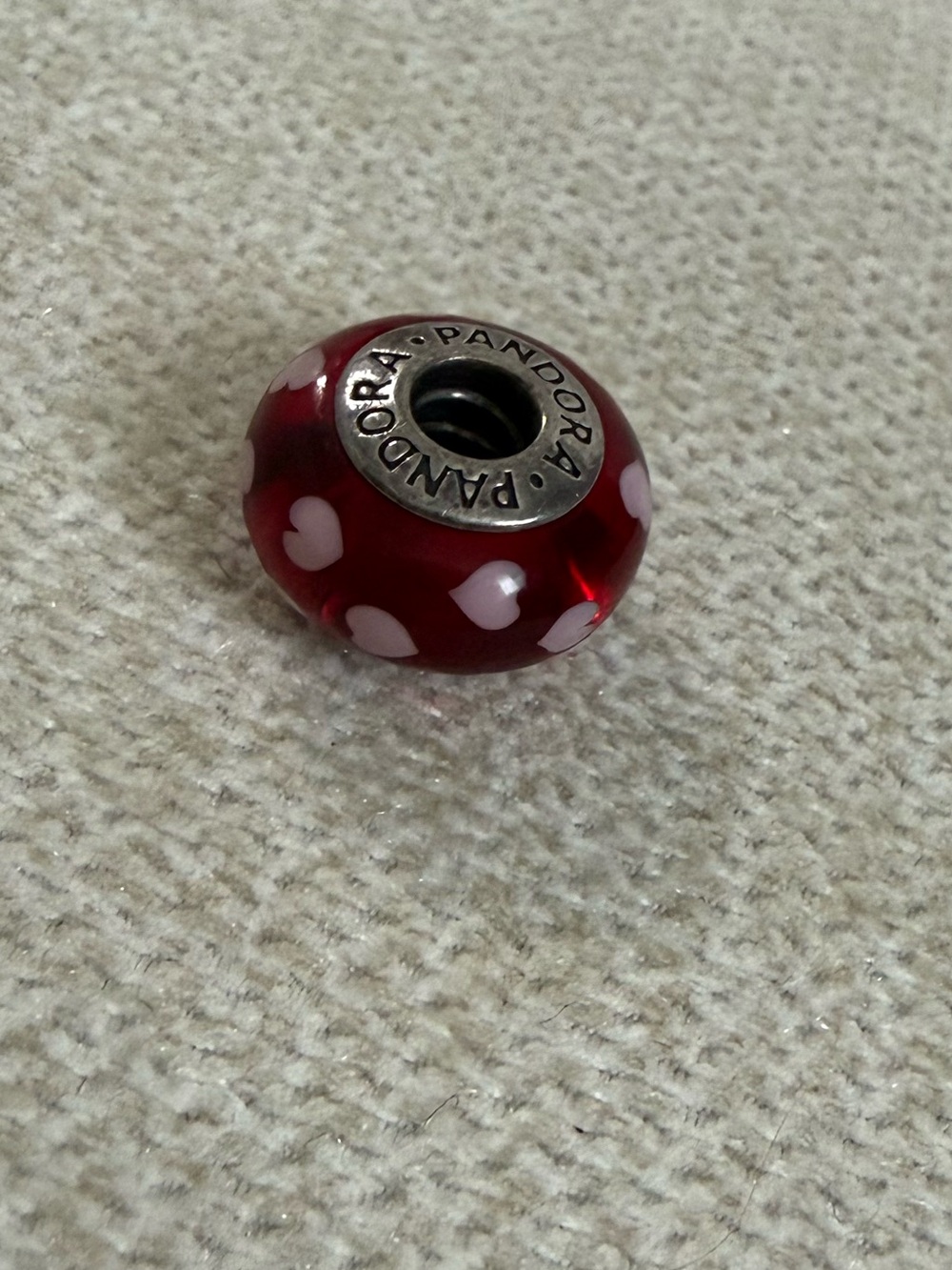 Pandora Red Glass Charm with White Hearts